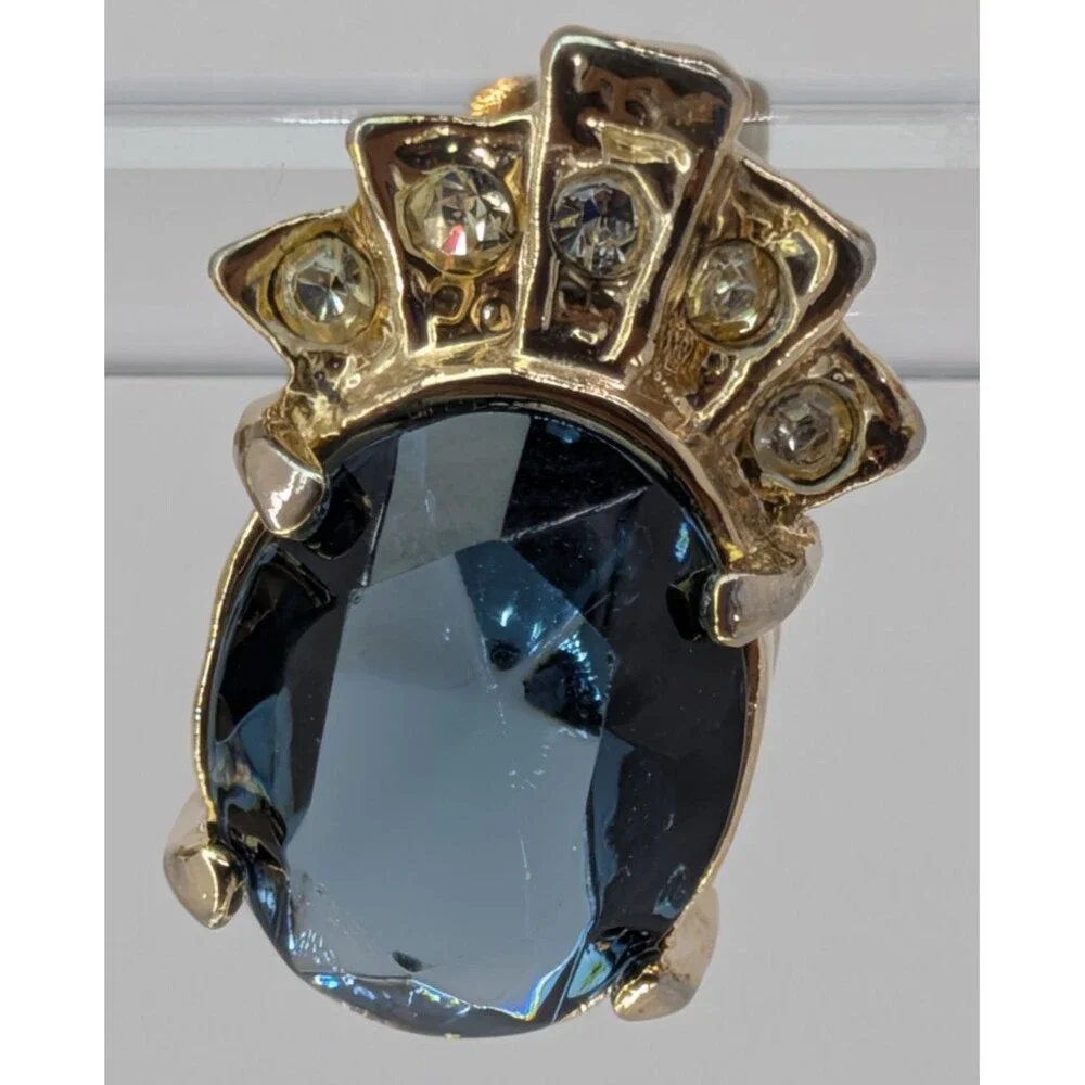Vintage Blue Glass Stud Earrings Clear Rhinestone Crown Gold Tone Pierced 15mm